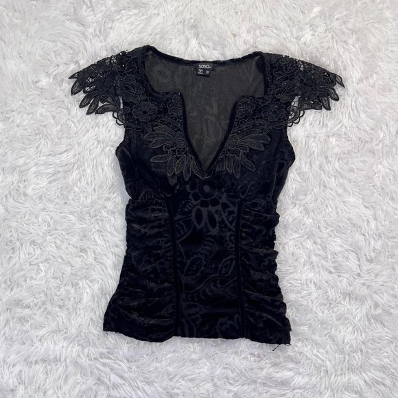 Vintage Tops - y2k black velour floral lace v neck top small